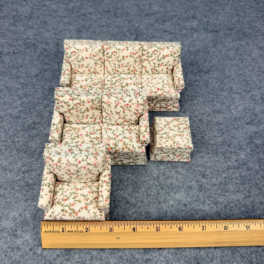 Miniature Dollhouse Floral Living Room Furniture Set Sofa Chairs Ottoman 4 Pc